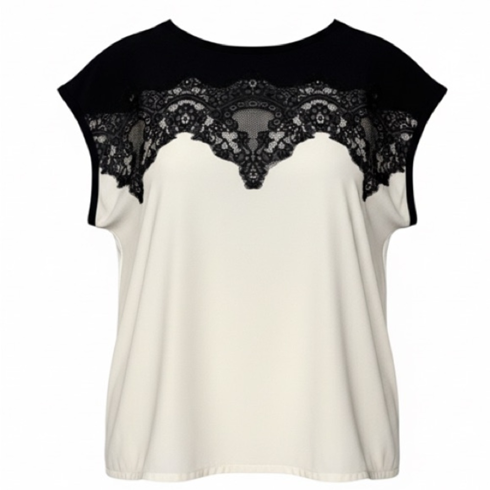 LC Lauren Conrad Ivory Top with Black Lace Trim - Medium